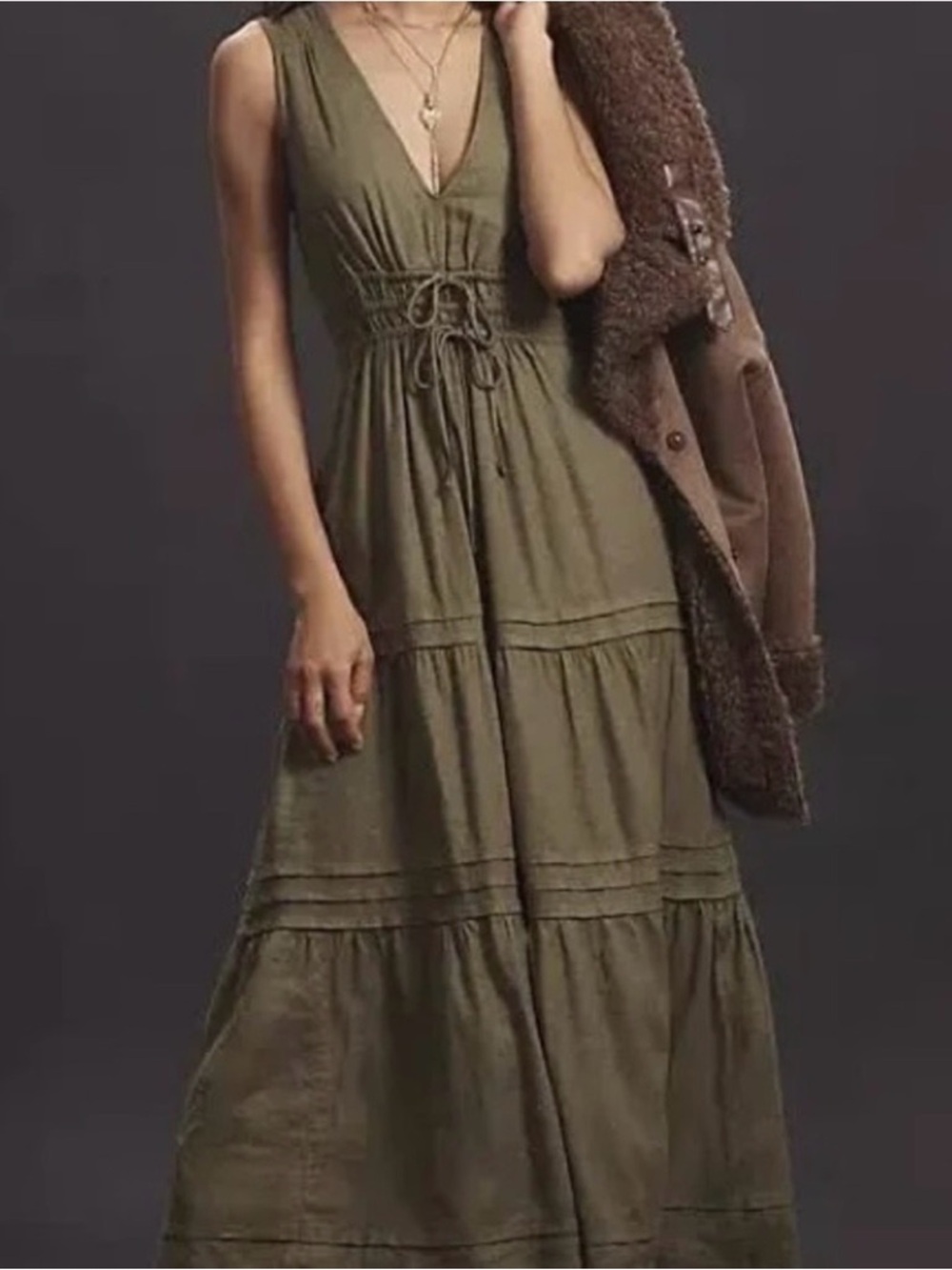 Anthropologie Olive Maxi Linen Tiered Dress
